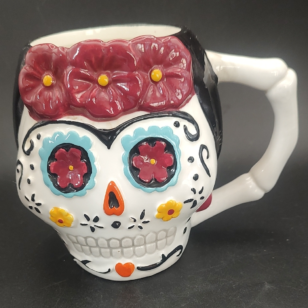 Day of the Dead Skull Ceramic Mug - White with Multicolor Floral Accents